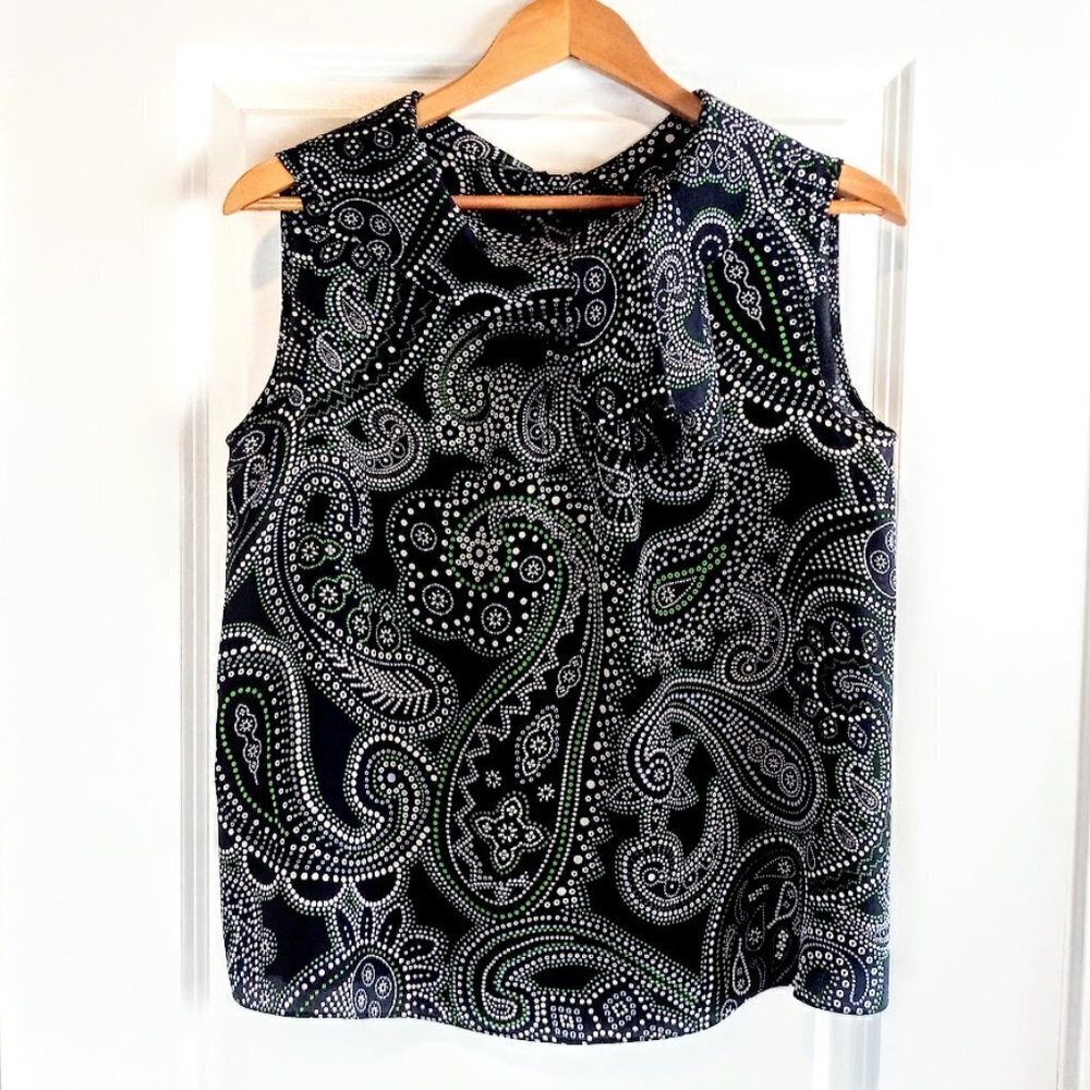 Talbots Blue Green White Paisley Polka Dot Silk Ruffle Neck Sleeveless Top